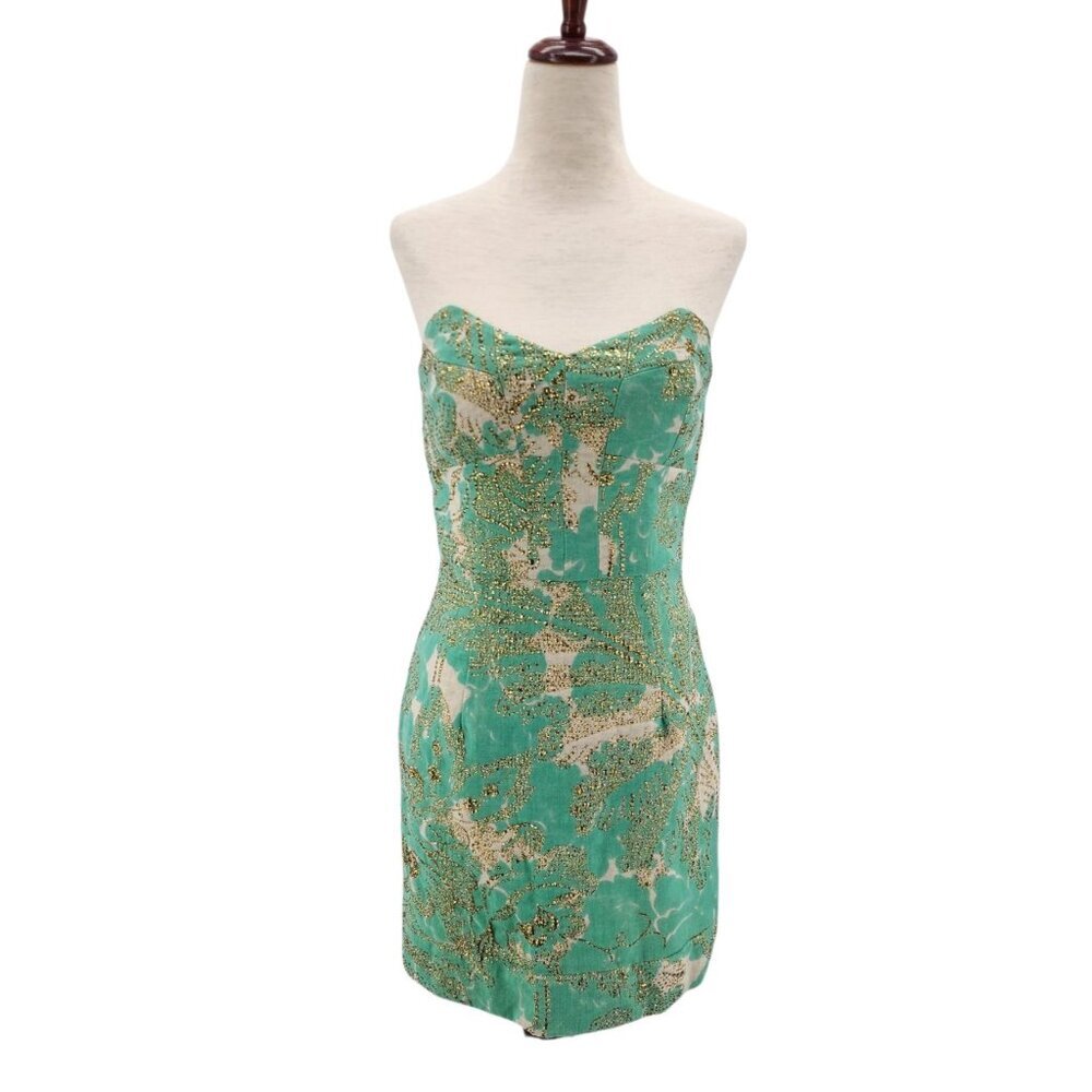 Milly of New York Turquoise and Gold Strapless Mini Dress